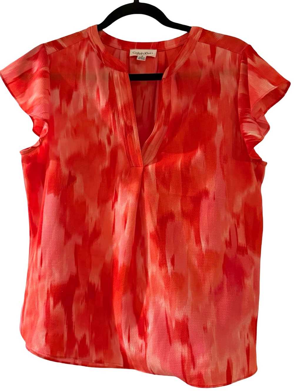 Calvin Klein Coral Print Split-Neck Flutter Sleeve Blouse